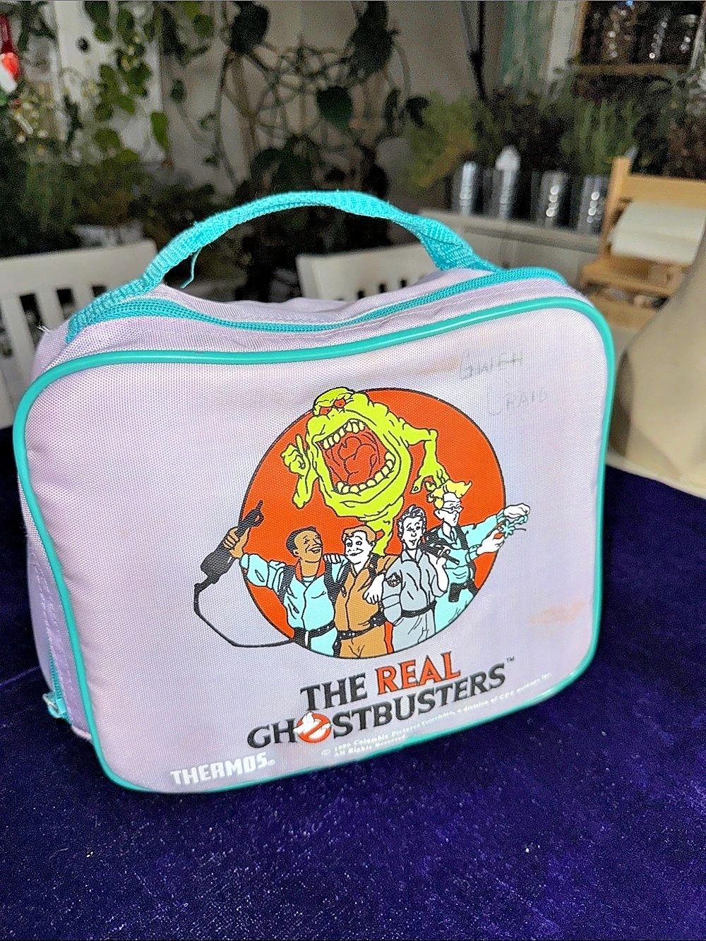 1986 vintage Thermos The Real Ghostbusters Soft Lunch Kit Purple & Blue